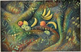 Dorothy Southern. Still life. Oil on board. Fruit laid on a blanket. H.87.5 W.61cm H.59 W.91cm