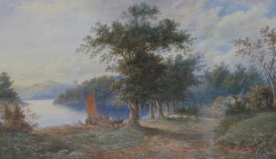 19th century, British school, figures in a sailing boat on a lake, watercolour on paper, unsigned,