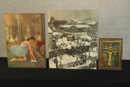 20th century, Ballerina preparing her shoes, unsigned, oil on board, togther with 20th century, snow