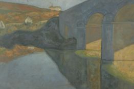 20th century, British school, bridge over still river, ol on board, framed. H.42 x W.55cm.