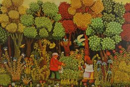 Thai school, 20th century, gentleman picking strawberries, coloured print mounted on board,