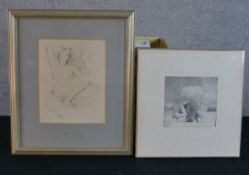 20th century, nude female with sheets covering her, pen and ink drawing on paper, together with a