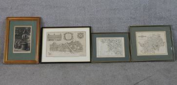 Three framed maps to include Hertfordshire, together with 19th century etching of a people by a