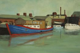 Alan O. Smith (German b.1941) blue barge on the sea with other boats, oil on board, signed and