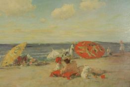 An Impressionist style gilt framed print, figures on a beach, indistinctly signed. H.80 W.100cm.
