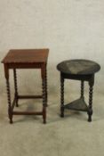 An early 20th century oak occasional table raised on barleytwist supports terminating on turned feet