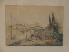 20th century, Continental school, gypsy caravan, watercolour on paper, framed. H.36 W.54cm