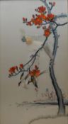 A 20th century Japanese embroidered silk panel of a cockatoo in a tree by a river, framed. H.99.5