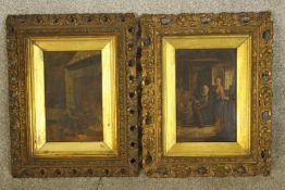 19th century, British school, bearded man with a child & elderly man sitting by the fire, oil on