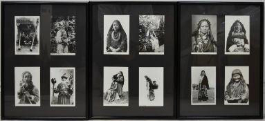 Twelve 20th century black and white photographs of Tibetan and Nepalese people, mounted in three