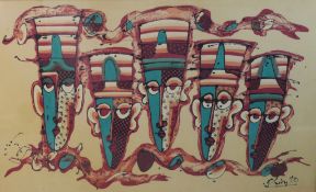 Chinto? Masks, mid 20th century oil on fabric signed and framed. H.97 x W.150 cm.