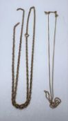 Two yellow metal (tested as 9ct) chains. One a fancy rope twist design (broken) and the other a fine