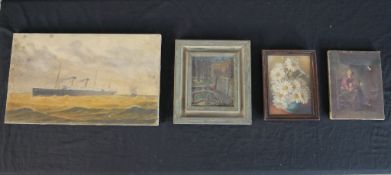 20th century, a steam boat on a stormy sea, oil on canvas, unframed, together with three other