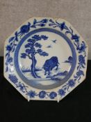 A 18th century (Kangxi) Chinese blue and white octagonal export porcelain plate, decorated with an