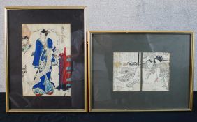 19th century, Japanese school, erotic scene depicting two females, pen and ink on paper, signed