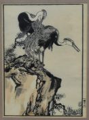 A Japanese Meiji (1852-1912) period ink on silk of two birds on a cliff top, signed and framed. H.38