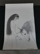 David Remfry (British born 1942). Pencil drawing of a women and a unicorn. Probably used to