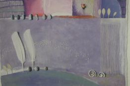 Sarah Hugg (20th century), abstract mixed media on paper, pencil signed and dated, framed. H.65 W.