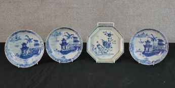A 19th century blue and white Chinese Export porcelain octagonal shaped dish together three 19th