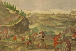 A 19th century coloured print depicting Moses and soldiers, framed. H.45 W.54cm.