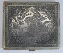 A 20th century Iranian (Persian) unmarked white metal cigarette case, engraved with woman on