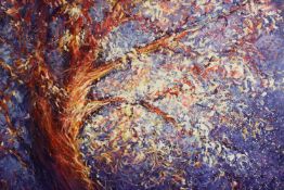 Unknown artist. Large oil on stretched canvas. Impressionist styled tree. Signed indistinctly to