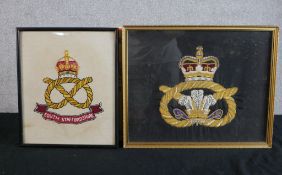 Two embroidered crests. South Staffordshire and another bearing the motto 'Ich Dien' (I serve). H.32