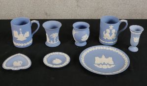 Eight pieces of 20th century Wedgwood Jasperware to include vases, plates and tankards. H.2 W.21 D.