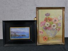 Indistinctly signed, 20th century, still life of flowers in a blue and white cameoware jug, oil on
