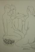 After Pablo Picasso, three nude figures sitting by some flowers, framed print on paper. H.115 W.