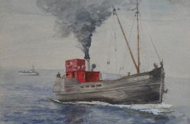 M.B. Thomas (20th century) Chorad, fishing boat on the water, framed watercolour, signed and label