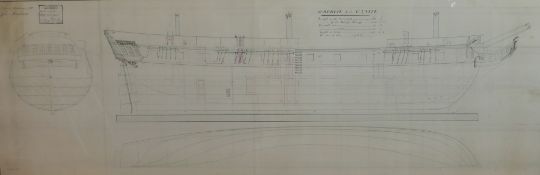 A coloured print of the plans of His Majesty's boat Surprise. framed. H.62 W.148cm