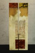 Calligraphy on wood. Titled 'Posie Calligraphy'. Made up of material stretched over two lengths of