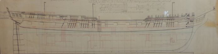 A coloured print of the drawings for an 18th century boat. H.53 W.147cm