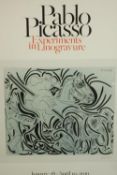 After Pablo Picasso, Experiments in Linogravure, a 21st century framed exhibition poster.H.110 W.