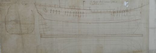 A coloured print of the plans of His Majesty's boat Endeavour in 1768. framed. H.53 W.118cm