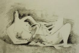 Henry Moore (British 1898-1986) Reclining Nude, a framed print on paper. H.89. W.109cm.