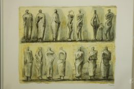 Henry Moore (British,1898-1986), Standing Figures, a framed pencil signed print on paper. H.100 W.