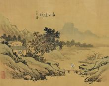 Chinese school, 20th century, village by the River Yangtze, watercolour on silk, with Chinese
