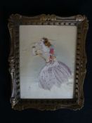 An early 20th century embroidered needlework tapestry of a female archer, framed. H.24 W.19cm