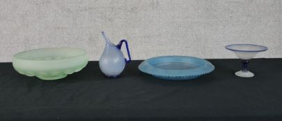 A collection of frosted glass to include two plates, a jug and, cup. The largest with a diameter