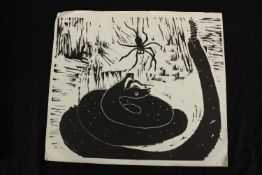 Robin North. Spider and snake. Print probably used in Ambit Magazine. L.37 W.42cm. From the