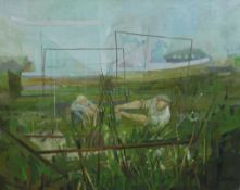Michael Bernart Dalchow (British, b.1942), farmers gathering the crops, framed oil on board. H.74
