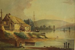 19th century British school, boats on a lake with white thatched cottage, framed unsigned
