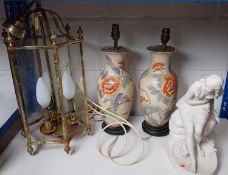 A pair of table lamps, a Parian figure and a hanging lantern.