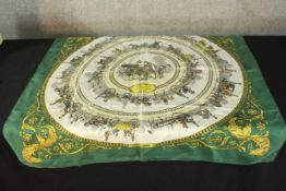 Scarf, Hermes Paris. La Promenade de Longchamps. Green and white. 86 x 86cm.