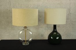 Two modern glass table lamps with matching lamp shades. The largest of the two measures 65cm high.