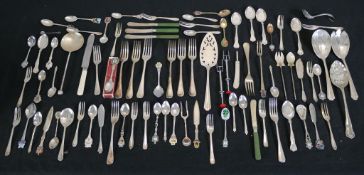 A large assortment of silver plated flatware and utensils etc. H.5.5 W.32cm largest