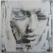 Indistinctly signed, unframed portrait of a lady with hands to her cheek. H.100 W.100cm
