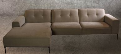 Corner sofa, contemporary fabric upholstered on metal legs. W.286 D.165cm.
